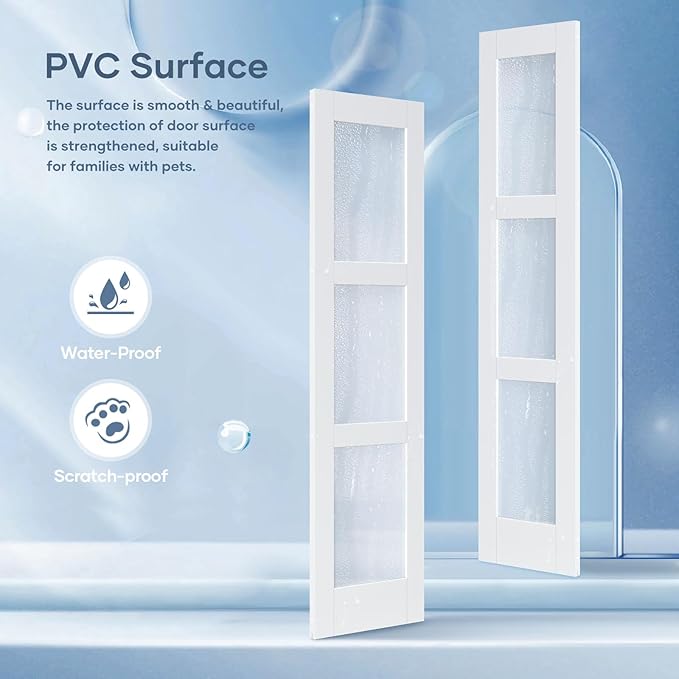 Double 21×84 Inch Glass Barn Door Slab and 7ft Hardware Kit Included, 3 Frosted Glass, LVL Wood Panel Covered with White Water-Proof Scratch-Proof PVC Surface, Simple DIY Assembly