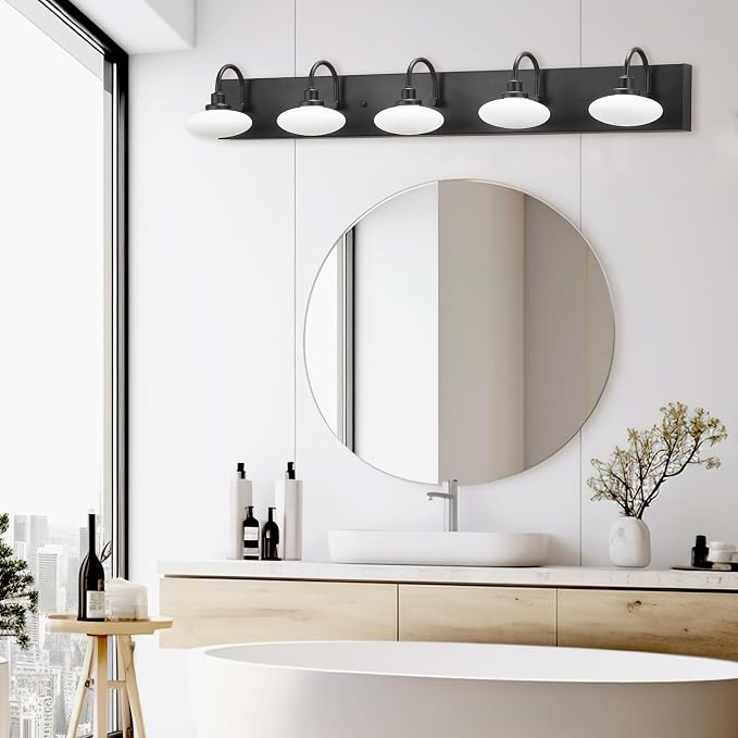 Matt Black LED Vanity Light Fixtures,5-Light Bathroom Vanity Lamp Wall Sconce Light,Wall Lamp Over Mirror,Modern Bath Light for Bathroom,Hallway,3000K-6000K,Selectable,Dimmable