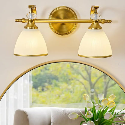 Gold Vanity Light, 2-Light Brushed Gold Bathroom Light Fixtures, Vintage Bathroom Light with Milky White Bell Glass Shades, Eye-Friendly Wall Sconce for Mirror, Kitchen, Bedroom, Hallway