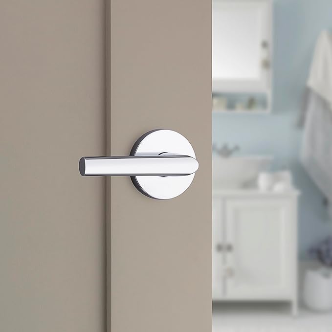 Kwikset Milan Interior Privacy Door Handle with Lock, Door Lever For Bathroom and Bedroom, Polished Chrome Reversible Keyless Push Button Lock Door Lever