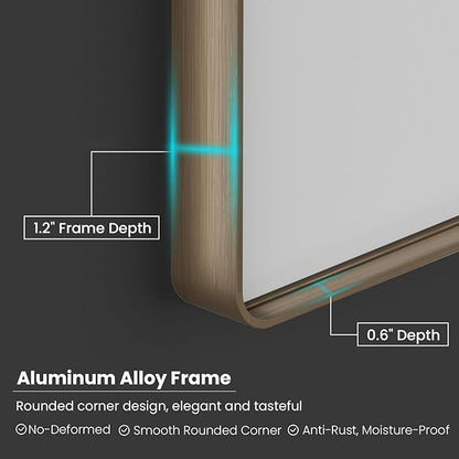 Bronze Bathroom Mirror 55x36 Inch, Brushed Bronze Metal Frame Mirror for Wall, Rounded Rectangle Bathroom Vanity Mirror with Tempered Glass, Anti-Rust, Horizontal/Vertical