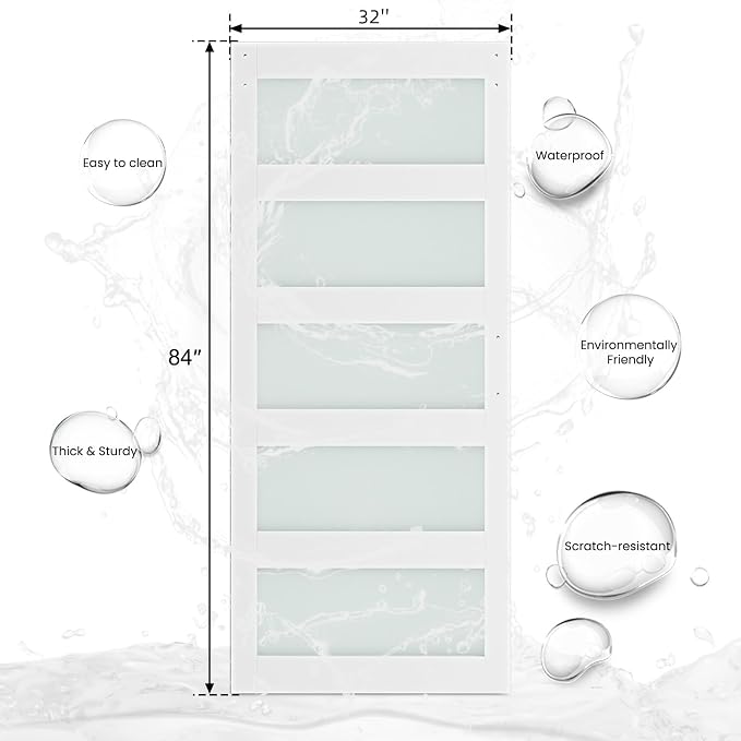 SMARTSTANDARD 32 x 84 in Glass Barn Door with 6FT Sliding Hardware Kit | Pre-Drilled Ready to Assemble, Waterproof PVC Coating, White, 5-Panel Glass