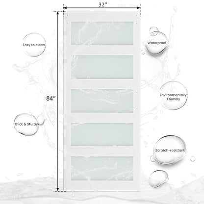 SMARTSTANDARD 32 x 84 in Glass Barn Door with 6FT Sliding Hardware Kit | Pre-Drilled Ready to Assemble, Waterproof PVC Coating, White, 5-Panel Glass