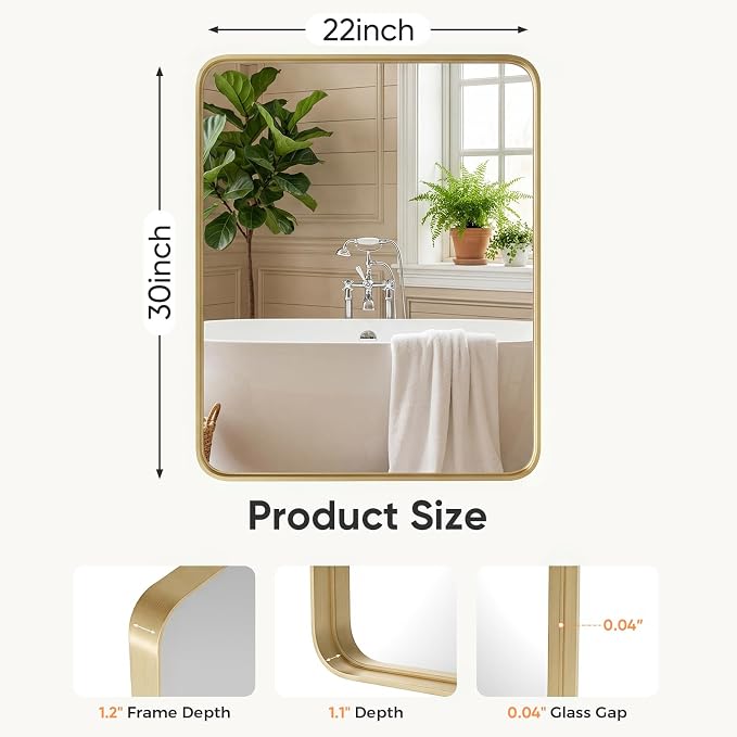 Sweetcrispy Bathroom Wall Mirror, 30x22 Inch Mirror for Over Sink, Gold | Modern Wall Mount Vanity Mirror, Rounded Rectangle with Matte Brush Metal Framed, for Home Decor, Living Room, Bedroom