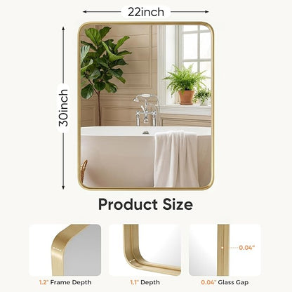 Sweetcrispy Bathroom Wall Mirror, 30x22 Inch Mirror for Over Sink, Gold | Modern Wall Mount Vanity Mirror, Rounded Rectangle with Matte Brush Metal Framed, for Home Decor, Living Room, Bedroom