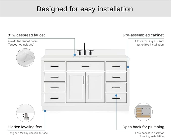 ARIEL Hepburn 60-inch Bathroom Vanity with Sink,Solid Wood, 1.5-inch Pure White Quartz Countertop & Backsplash, Single Rectangular Porcelain Sink, 2 Soft Closing Doors, 9 Dovetail Drawers, White