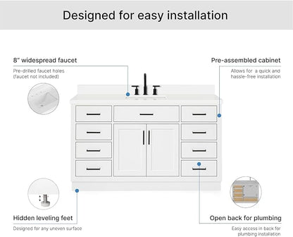 ARIEL Hepburn 60-inch Bathroom Vanity with Sink,Solid Wood, 1.5-inch Pure White Quartz Countertop & Backsplash, Single Rectangular Porcelain Sink, 2 Soft Closing Doors, 9 Dovetail Drawers, White