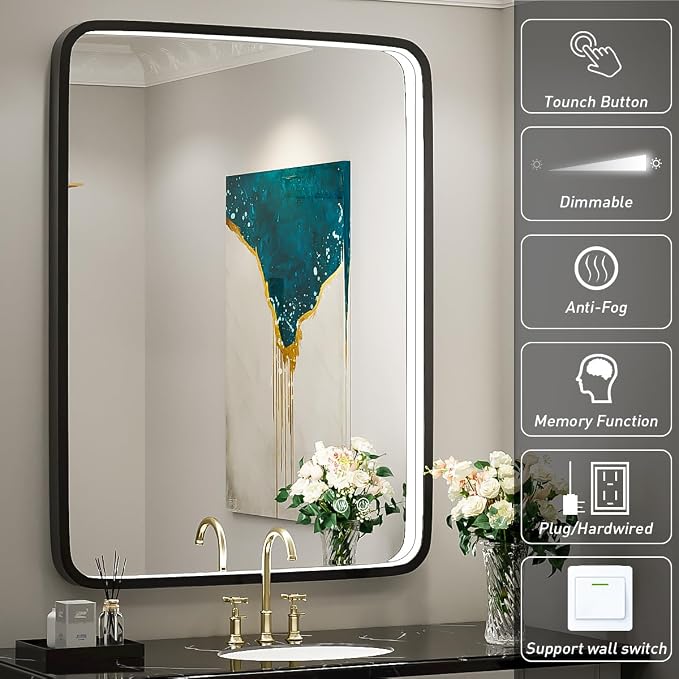 LED Bathroom Mirror,Black Frame,32x24 Inch | ETL Listed,Anti-Fog,3000K/4500K/6000K Dimmable,Horizontal & Vertical,Wall Mounted,Memory Function Ideal for Bathroom,Vanity