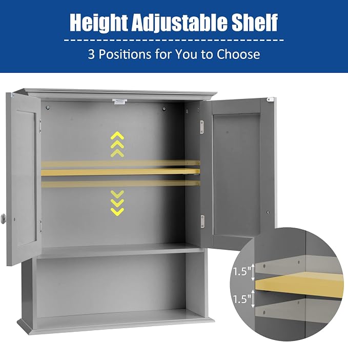 COSTWAY Wall Mounted Bathroom Cabinet, Over the Toilet Storage Cabinet | Double Doors & Adjustable Shelf, Wood Hanging Medicine Cabinet for Living Room, Entryway, Kitchen (Gray)