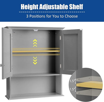 COSTWAY Wall Mounted Bathroom Cabinet, Over the Toilet Storage Cabinet | Double Doors & Adjustable Shelf, Wood Hanging Medicine Cabinet for Living Room, Entryway, Kitchen (Gray)