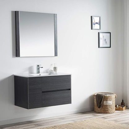 Blossom 36 Inch Bathroom Vanity with Sink - All Wood Floating Vanity Cabinet with Ceramic Sink - 2 Soft-Closing U-Shaped Cutout Drawers - Modern Bathroom Storage Vanities, Silver Grey Finish