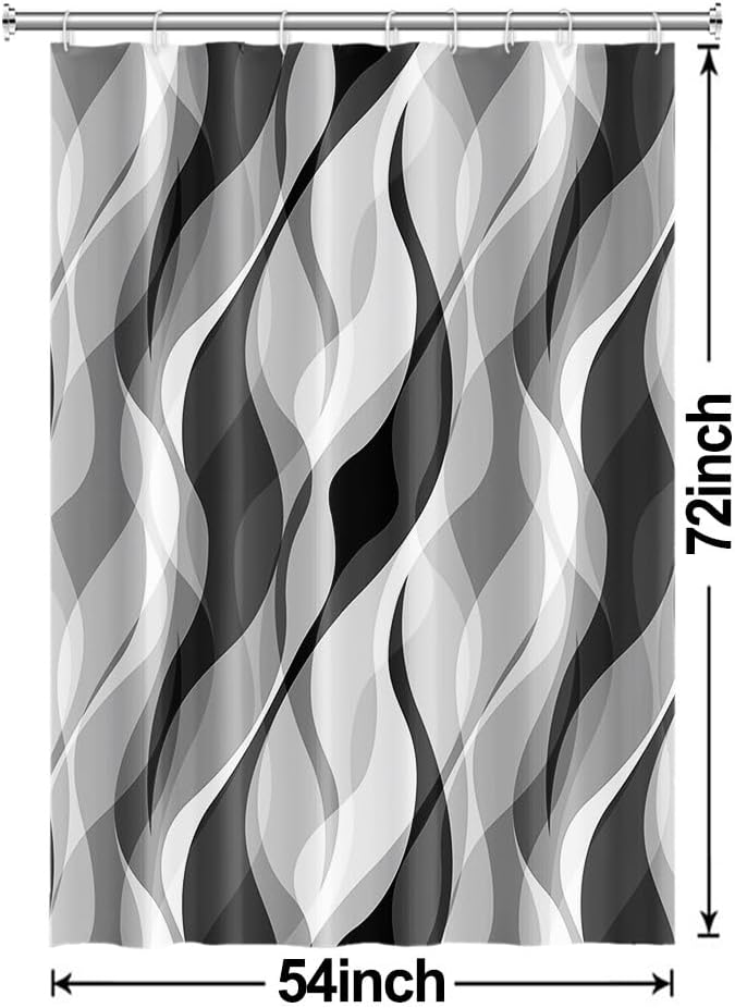 Grey Shower Curtain, Modern Abstract Black and Grey Striped Shower Curtain Set for Bathroom Waterproof White Gray Shower Curtain with Hooks, 54x72 Inch