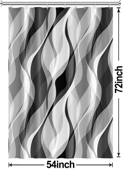 Grey Shower Curtain, Modern Abstract Black and Grey Striped Shower Curtain Set for Bathroom Waterproof White Gray Shower Curtain with Hooks, 54x72 Inch