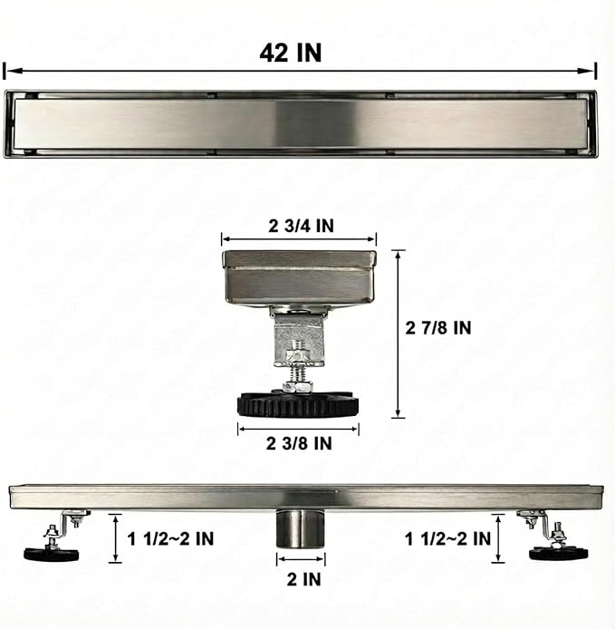 Linear Shower Floor Drain, 42 Inch Brushed Nickel 304 Stainless Steel Bathroom Drains Kit, Rectangular Shower Trench Drain with Reversable Tile-in Pattern Drain Cover & Hair Catcher