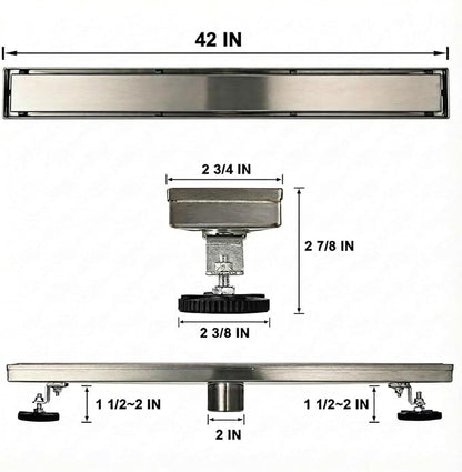 Linear Shower Floor Drain, 42 Inch Brushed Nickel 304 Stainless Steel Bathroom Drains Kit, Rectangular Shower Trench Drain with Reversable Tile-in Pattern Drain Cover & Hair Catcher