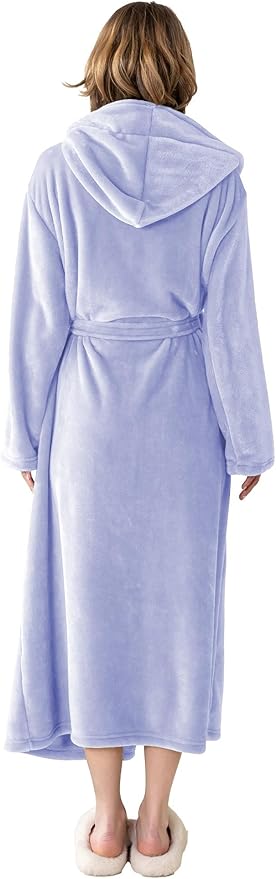 Robes for Women - Hooded Plush Fleece Bathrobe with Sash & Pockets, Full-Length Lightweight Spa Robe