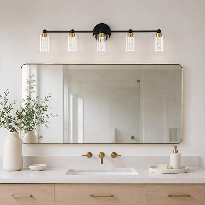Black and Gold Vanity Light with 3 Color Modes, Eye Protection LED Bathroom Light Fixtures, Dimmable Modern Wall Light Over Mirror with Clear Glass Shade (Black & Gold, 5-Light)