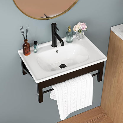Sarlai Wall Hung Bathroom Vessel Sink with Towel Rack, 24x16 Inch Wall Mounted Rectangle Ceramic Bathroom Sink White Wash Modern Vanity Floating Basin