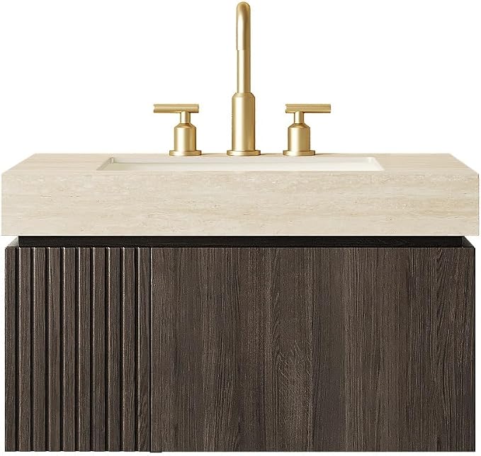 KEIKI 30 Inch Floating Bathroom Vanity with Sink, Espresso & Beige | Modern Wall Mounted Storage Cabinet w/ Drawer & Door, Pre-assembled Wood Panels, Sintered Stone Top & Ceramic Basin Combo Set