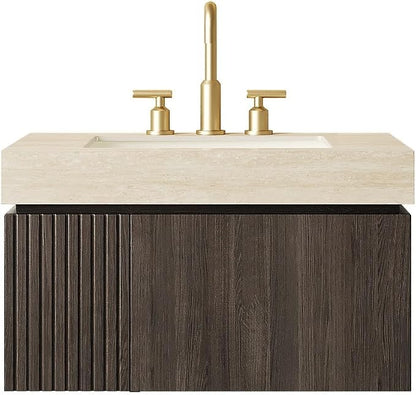 KEIKI 30 Inch Floating Bathroom Vanity with Sink, Espresso & Beige | Modern Wall Mounted Storage Cabinet w/ Drawer & Door, Pre-assembled Wood Panels, Sintered Stone Top & Ceramic Basin Combo Set