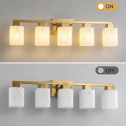 5-Light Square Bathroom Light Fixture, Gold Modern Vanity Light with White Marble Glass Shade, for Bathroom Mirror, Living Room, Bedroom, Hallway, E26 Base