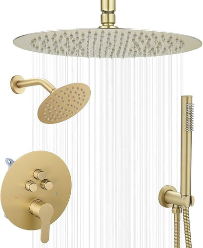 Shower Faucet Set Brushed Gold 12 Inch Round Ceiling Mount Rainfall Shower System with 2 Rain Shower Head and Handheld Head Push Button Diverter Shower Trim Kit and Rough-in Valve Body