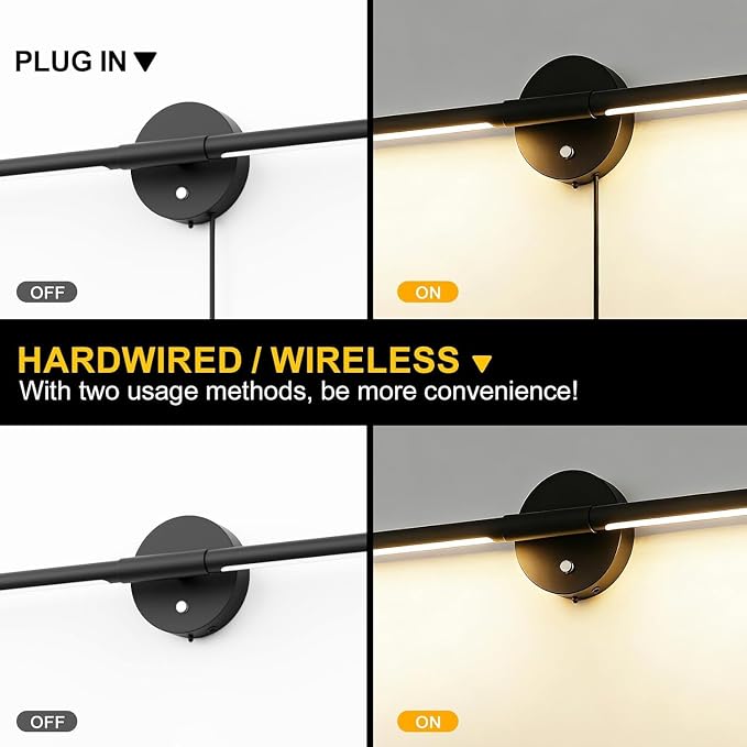 31inch Plug in Bathroom Vanity Light, 6000K Black Wireless Vanity Lights with Remote Control, Black Bar Mirror Light for Bathroom Mirror