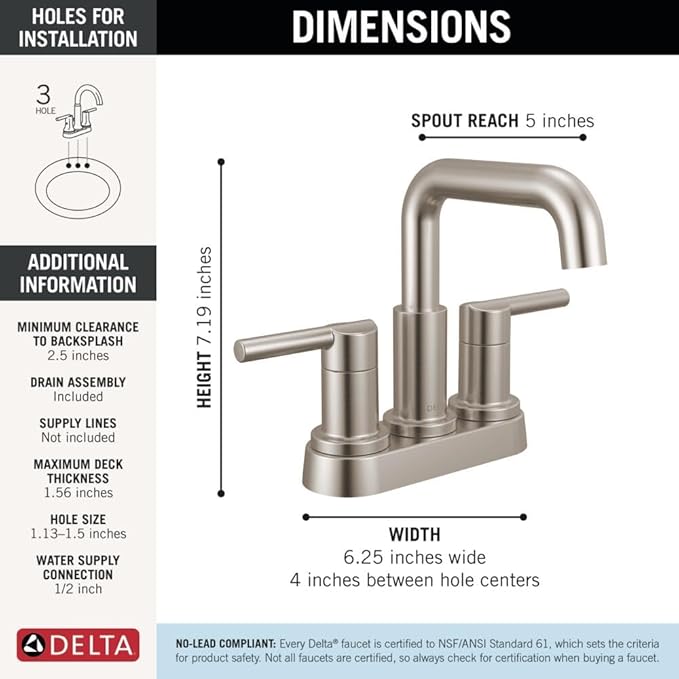 Delta Nicoli Centerset Brushed Nickel Bathroom Faucet with Sprayer, 4 Inch 3 Hole Bathroom Sink Faucet with Pull Out Sprayer, Push-Pop Drain, Stainless 25849LF-SS
