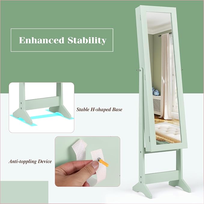Giantex Jewelry Armoire with Full Length Mirror, Standing Jewelry Cabinet Organizer with 3 Tilting Angles, Bedroom Dressing Mirror with Large Storage for Earrings, Rings, Necklaces, Sage