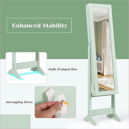 Giantex Jewelry Armoire with Full Length Mirror, Standing Jewelry Cabinet Organizer with 3 Tilting Angles, Bedroom Dressing Mirror with Large Storage for Earrings, Rings, Necklaces, Sage