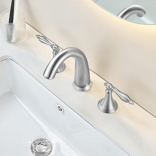 SaniteModar Brushed Color Bathroom Sink Faucet,Brass Bathroom Faucet 3 Hole,Widespread Bathroom Faucet for Sink 3 Hole,2 Handles Design with Water Supply Lines and Pop-up Drain