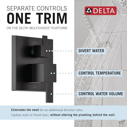 Delta Modern 14 Series Square Rain Shower System Faucet Set, Rainfall Matte Black Shower Head and Handle Set, Valve Trim Kit, 10 Inch, Matte Black 342701-BL