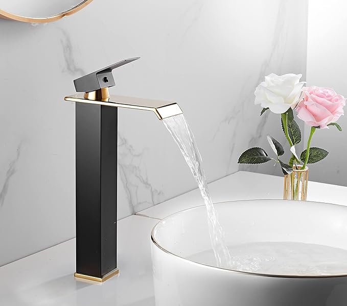Bathroom Vessel Faucet Black Gold Waterfall One Hole Bowl Sink Faucet Bathroom Faucets Tall Single Handle Bath Vanity Lavatory Deck Mount Supply Lines Hose Commercial