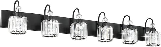 Ralbay Modern 6-Light Black Crystal Vanity Lights for Bathroom - Matte Black Crystal Wall Light Fixtures