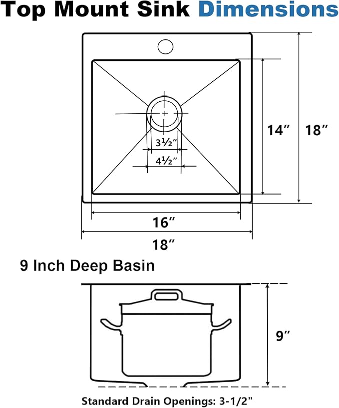 18x18 Inch Drop In Bar Sink,18 Inch Small Kitchen Sink,Stainless Steel 16 Gauge Single Bowl Outdoor Laundry Prep RV Sink with Strainer Drain, Brushed Nickel