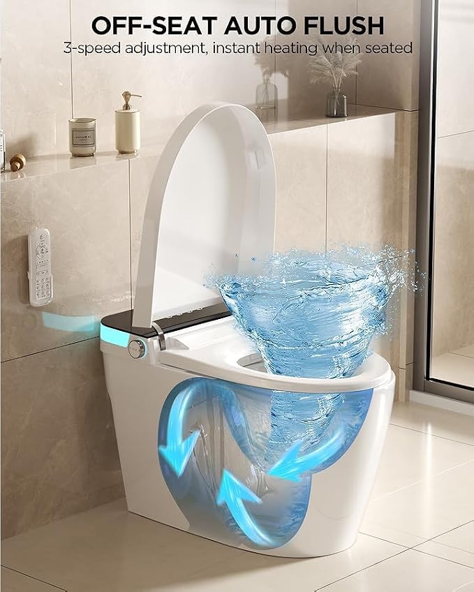 TDH Luxury Smart Bidet Toilet,Bidet Toilet with Larger LED Display,One Piece Toilet with Heated Bidet Seat,Leave Seat Auto Flushing,Foot Sensor & Night Light