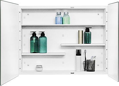 Fundin White Medicine Cabinet Recessed or Surface Mount, Bathroom Medicine Cabinet with 30 x 24 Beveled Edge Mirror Size and Adjustable Staggered Shelves
