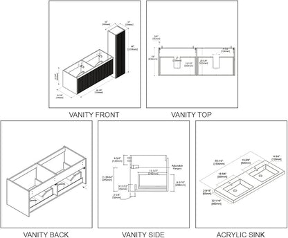 Blossom 60 Inch Double Sink Bathroom Vanity with Side Cabinets, All Wood Wall Mounted Floating Bathroom Vanity Cabinet with Acrylic Sink, Soft-Close Drawers, Bathroom Vanities, Light Grey