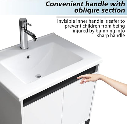 wonline 24” Bathroom Vanity with Ceramic Sink, Bathroom MDF Cabinet with White Wash Basin and Modern Design Chrome Faucet for Small Space
