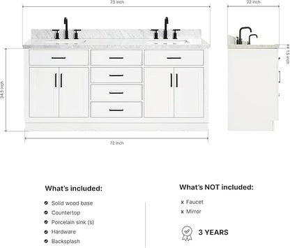 DKB Isabella 72 Inch Bathroom Vanity Double Sink — White Bathroom Vanity with Sink, 1.5" Edge Italian Carrara Marble Countertop & Backsplash, 4 Soft-Close Doors, 4 Dovetail Drawers, and 2 Tilt Drawers