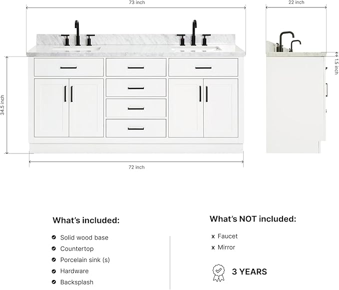 ARIEL Hepburn 72-inch Bathroom Vanity with Sink,Solid Wood, 1.5-inch Italian Carrara Marble Countertop, Double Rectangular Porcelain Sink, 4 Soft Closing Doors, 6 Dovetail Drawers, White