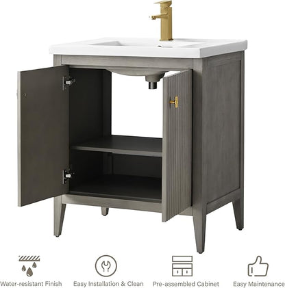 HOMEBEYOND 30" Bathroom Vanity with Ceramic Sink, Solid Wood Free-Standing Vanities Cabinet, Ceramic Top, Golden Brushed Handware & Soft Closing Door, Driftwood Gray