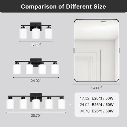 Black Bathroom Light Fixtures, 5-Light Modern Vanity Light Over Mirror, Wall Sconces with Milky White Frosted Glass Shades, E26 Socket (Bulbs Not Included)