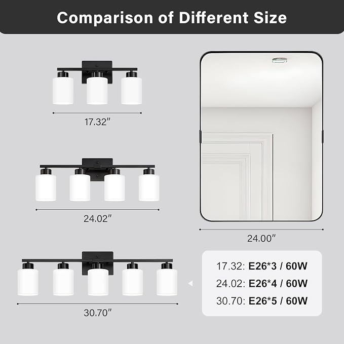 FonmYim Black Bathroom Light Fixtures Vanity Lights Over Mirror | Modern 4-Light lighting fixtures for bathroom with Milky White Frosted Glass Shades, E26 Socket (Bulbs Not Included)