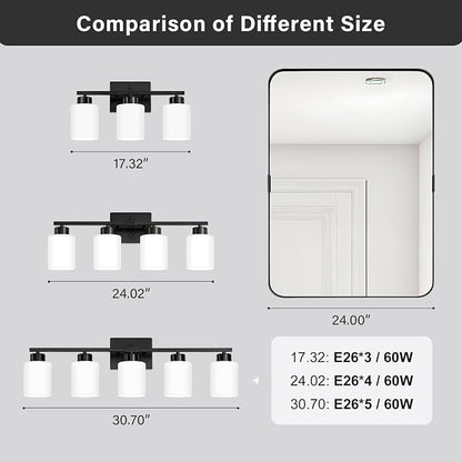 FonmYim Black Bathroom Light Fixtures Vanity Lights Over Mirror | Modern 4-Light lighting fixtures for bathroom with Milky White Frosted Glass Shades, E26 Socket (Bulbs Not Included)
