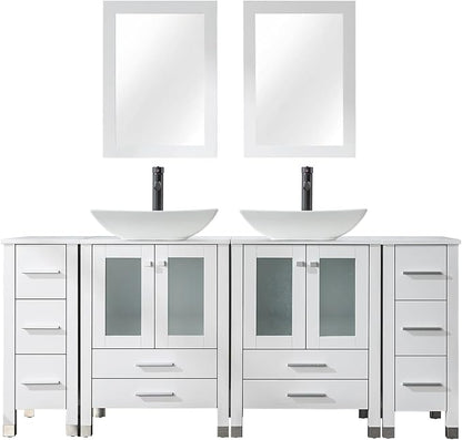 LUCKWIND 72" Double 24-in Bathroom Vanity with Sink Combo, Elegant Series with Two 12.6-in Side Cabinets, Painted Frame, Including Curved Rectangle Sinks, Faucets Without Mirrors, White