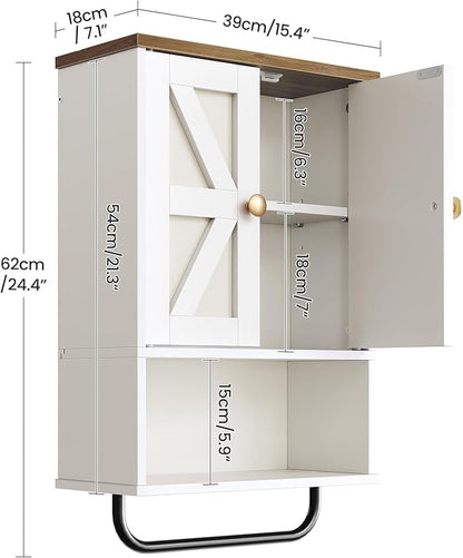 Bathroom Wall Cabinet, Medicine Cabinet with Open Partition and Towel Bar, Rustic Storage Cabinet with Open and Hidden Storage Space, for Bathroom, Living Room, Kitchen, White and Walnut
