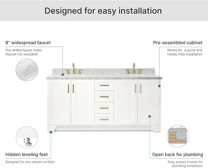 ARIEL 73" White Double Vanity, 1.5" Edge Italian Carrara Marble Countertop & Splash, Rectangular Sink, 4 Soft Closing Doors, 6 Full Extension Dovetail Drawers, Toe Kick, Satin Brass
