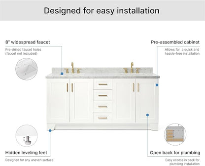ARIEL 73" White Double Vanity, 1.5" Edge Italian Carrara Marble Countertop & Splash, Rectangular Sink, 4 Soft Closing Doors, 6 Full Extension Dovetail Drawers, Toe Kick, Satin Brass