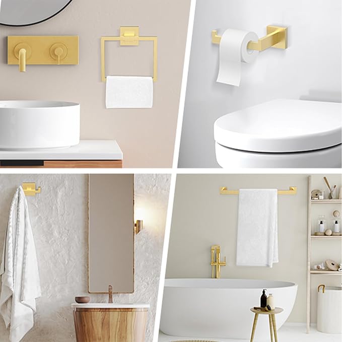 BOZWELL 5 Piece Light Brushed Gold Stainless Steel Towel Bar Set, 23.6 inch Square Bathroom Hardware Accessories Set,Wall Mounted Towel Racks for Bathroom with TP